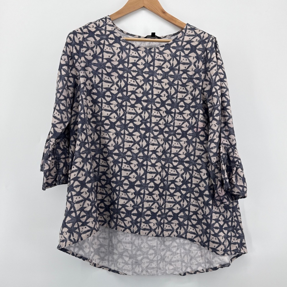 John Mark Linen Blouse Large Blue Tan Geometric Print Ruffle Sleeve High Low Top